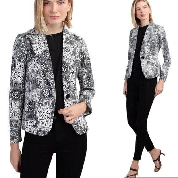 Trina Turk Trinidad Blazer Women’s 4 Terrazzo Tile Geometric Print White Stretch - Picture 1 of 6